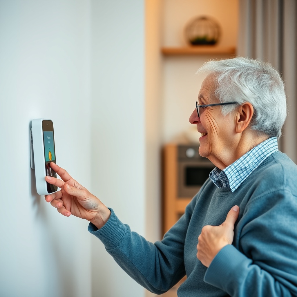 A professional stock photo of a senior person interacting with a smart home device, showcasing the ease and simplicity of using AI in everyday life.