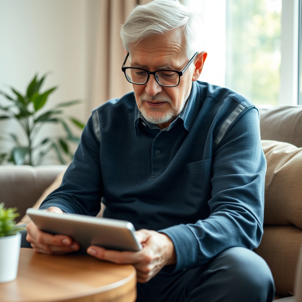 A professional stock photo of a senior person using a voice assistant on a tablet, highlighting the interaction with AI technologies in a comfortable home setting.