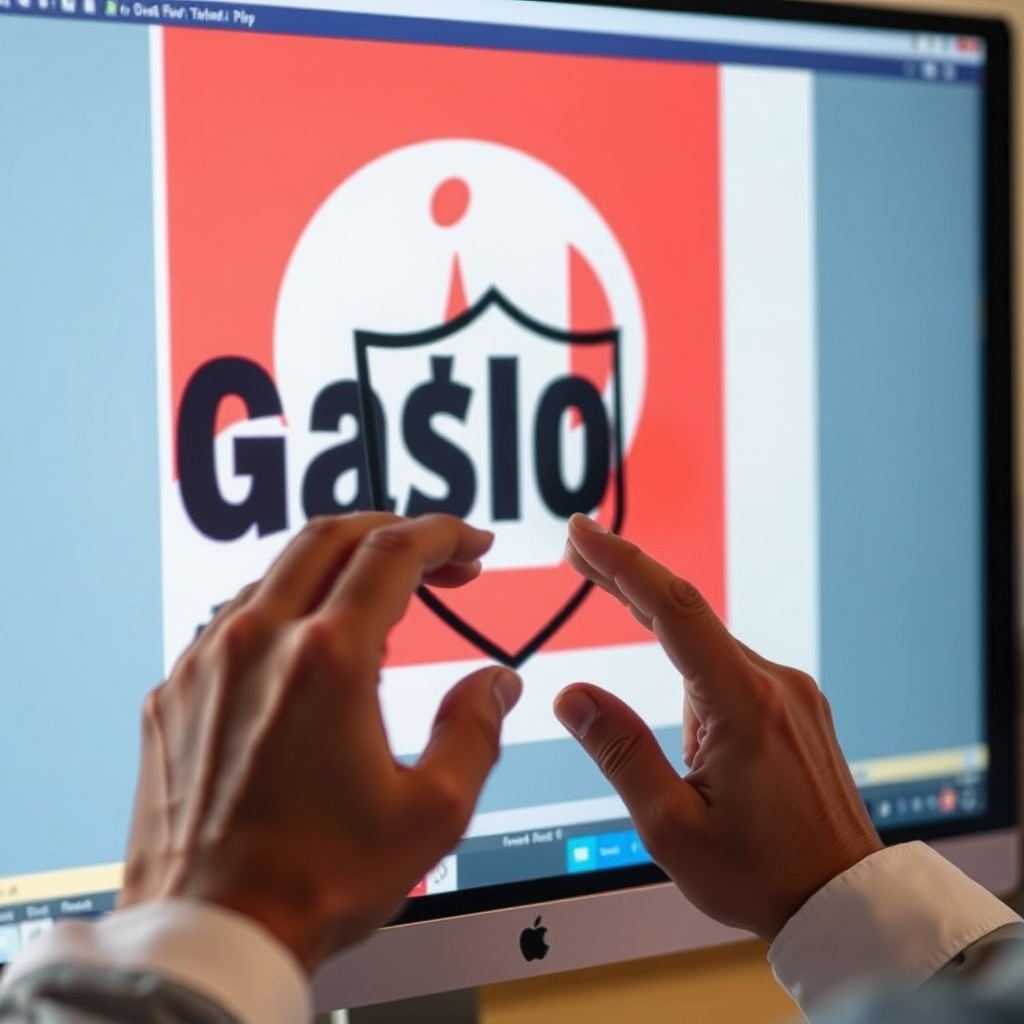A close-up of a designer's hands applying a digital watermark to a graphic design on a computer screen, symbolizing protection and ownership.