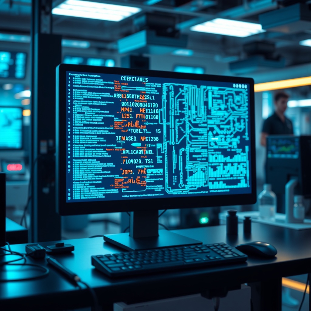 A high-tech laboratory setting with a focus on a computer screen displaying complex algorithms and patterns, symbolizing the technology behind AI detection.