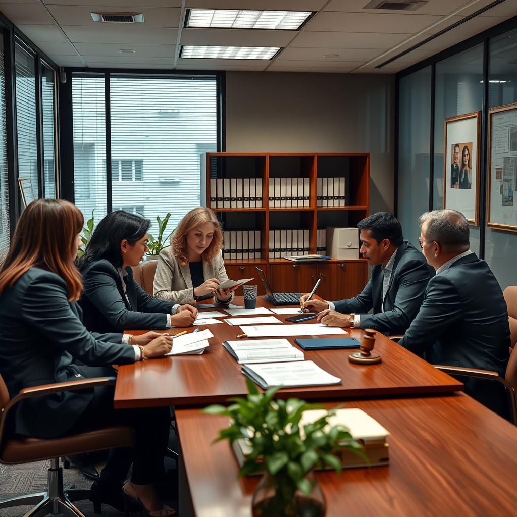 A professional office environment with a diverse team discussing legal documents and regulations, representing the legal implications of AI usage.