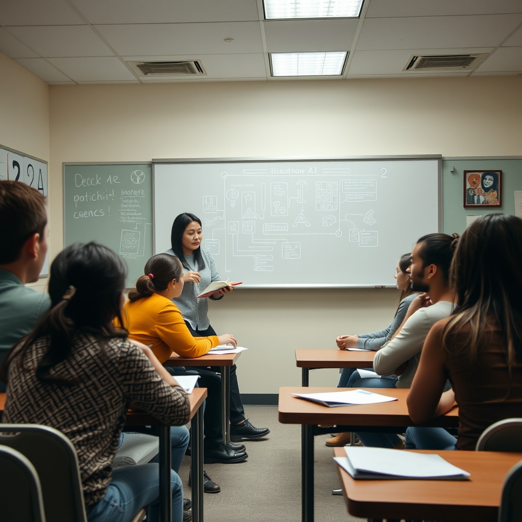 A classroom setting with a teacher and students engaging in a discussion about AI, highlighting educational approaches to AI literacy.