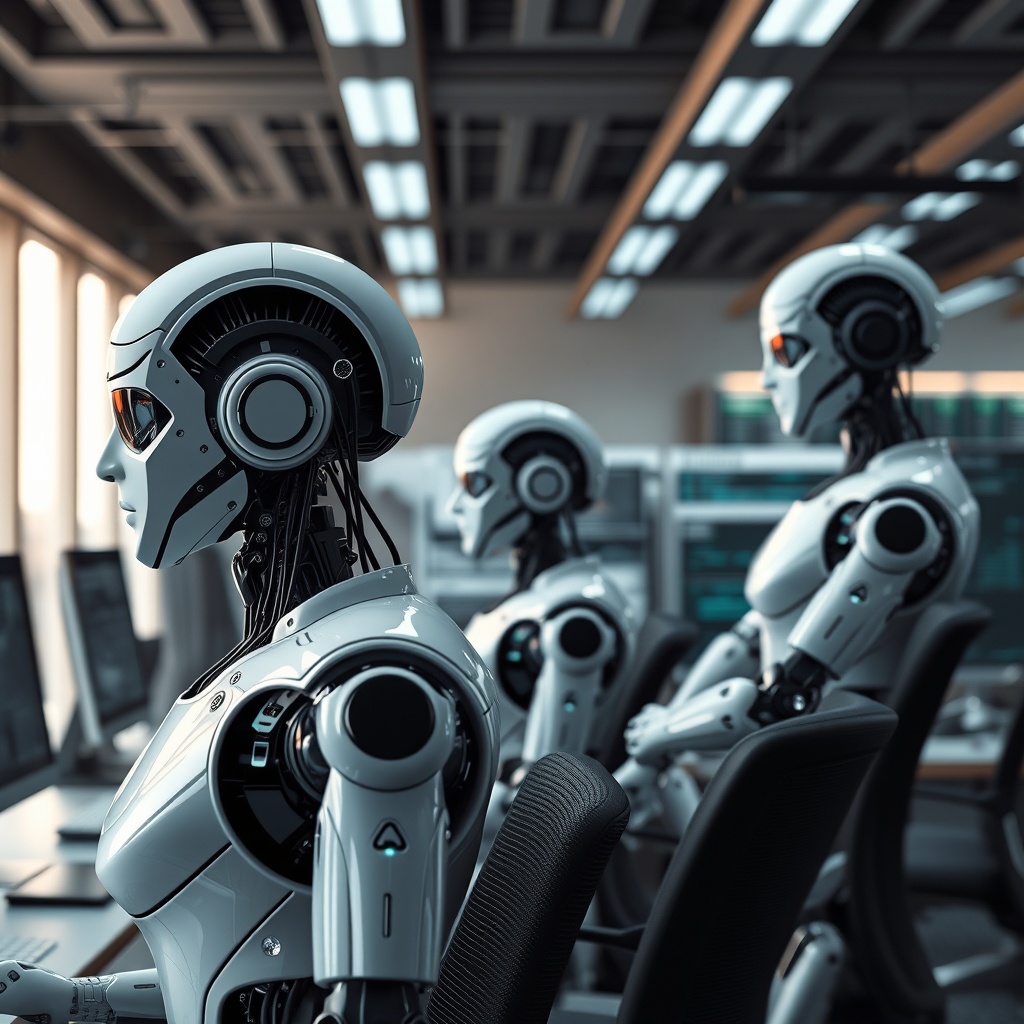 A futuristic office scene showing robots and humans working side by side, highlighting the impact of AI on employment and the future of work.