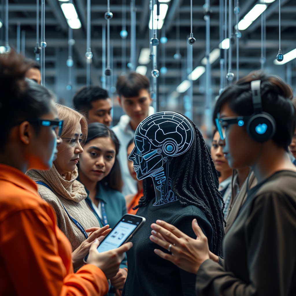 A diverse group of people interacting with AI technology, showcasing the psychological impact of AI on society and human relationships.