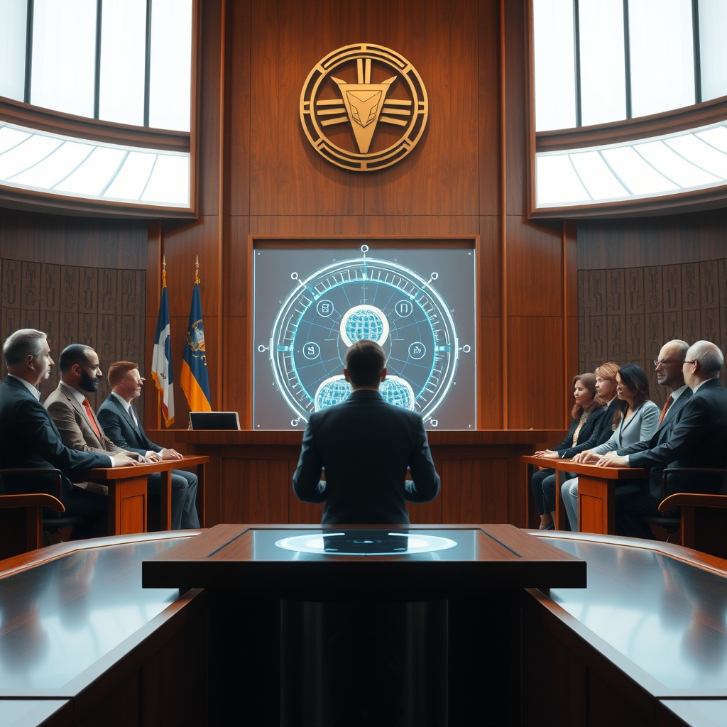 A futuristic courtroom scene with a holographic AI entity being examined by a panel of diverse global leaders, symbolizing AI regulation and governance discussions.