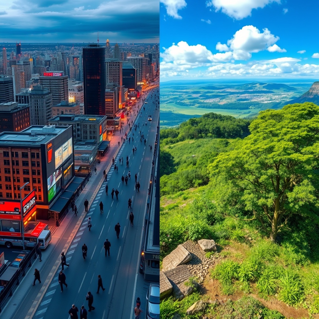 A split image showing on one side a bustling city with people using advanced technology, and on the other, a serene natural landscape, representing the ethical considerations in AI development.