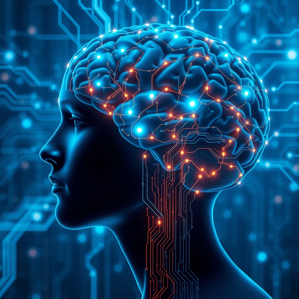 A conceptual image of a human brain interconnected with digital circuits and glowing neural pathways, illustrating the technological singularity and AI's potential to merge with human intelligence.
