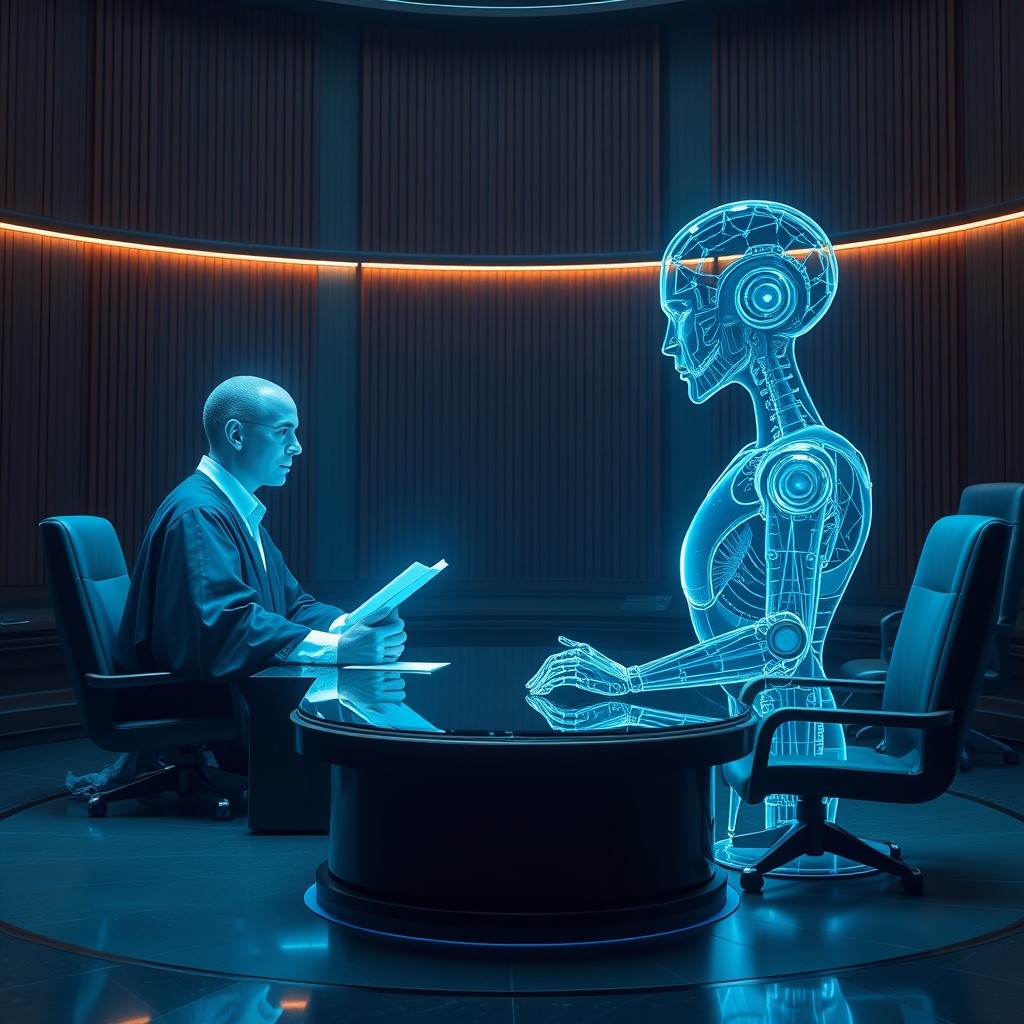 A futuristic courtroom with a human judge and an AI hologram deliberating over a complex ethical dilemma, symbolizing the intersection of AI and moral decision-making.