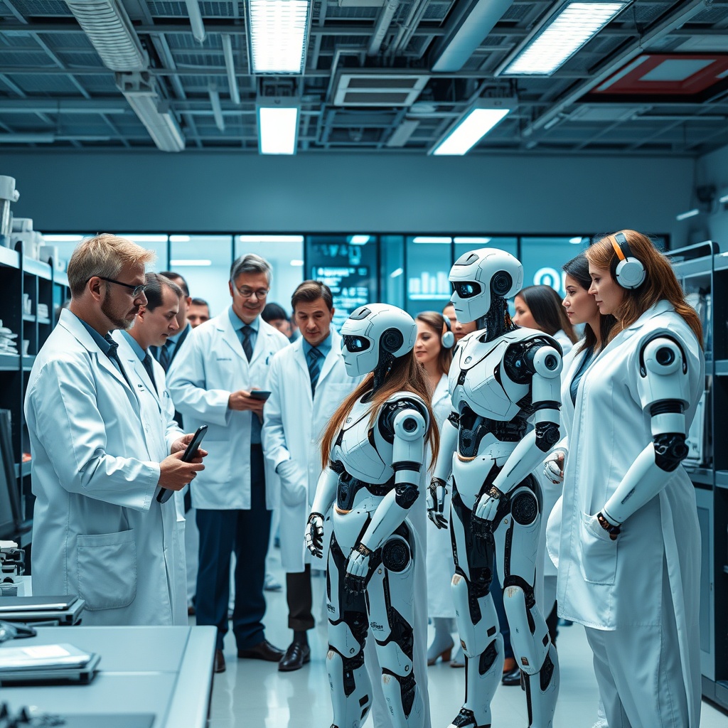 A diverse group of scientists and AI robots working together in a high-tech lab, representing the collaborative future of human and AI relationships.