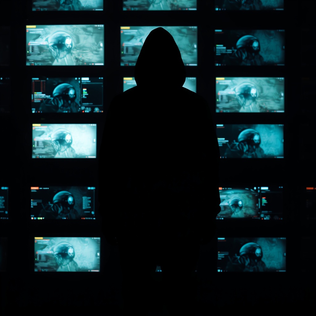 A shadowy figure standing in front of a wall of surveillance monitors, highlighting the privacy concerns and data collection capabilities of AI.