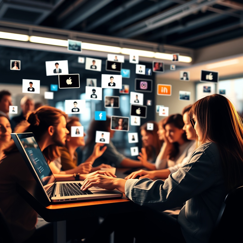 A dynamic image of a designer engaging with an online community on a laptop, showcasing the power of social media in design protection.