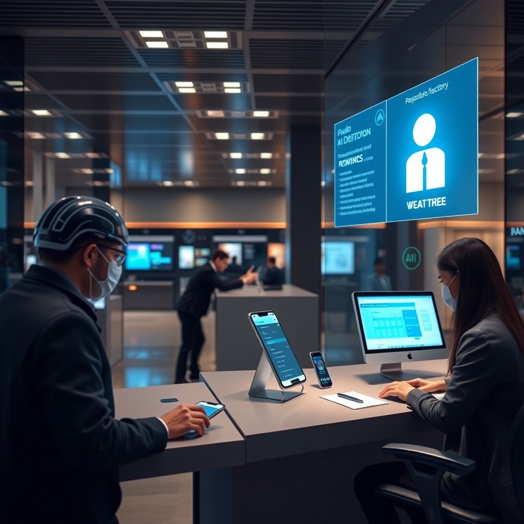 A modern banking scene with AI technology visualizing fraud detection and personalized banking services, showcasing a secure and innovative financial environment.