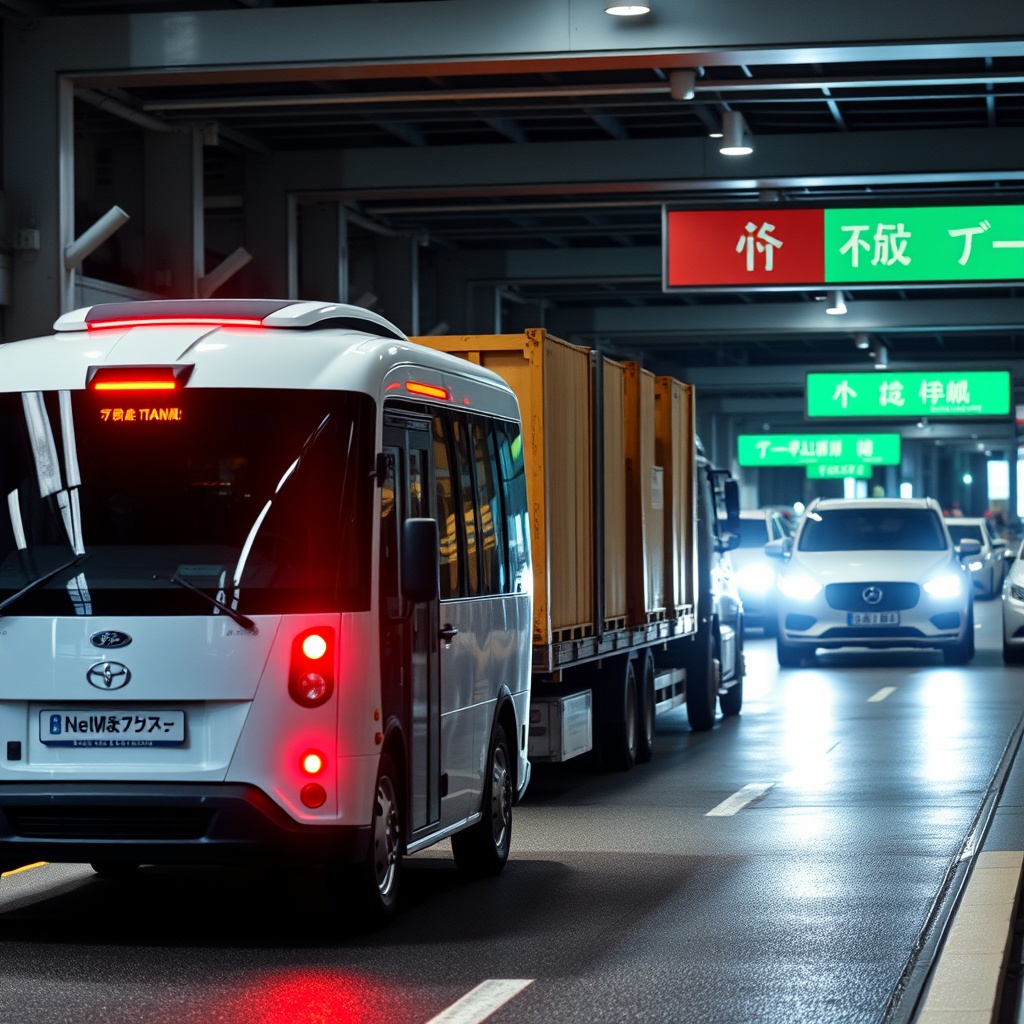 Autonomous vehicles and AI-driven logistics systems in action, highlighting the future of transportation with technology optimizing routes and efficiency.