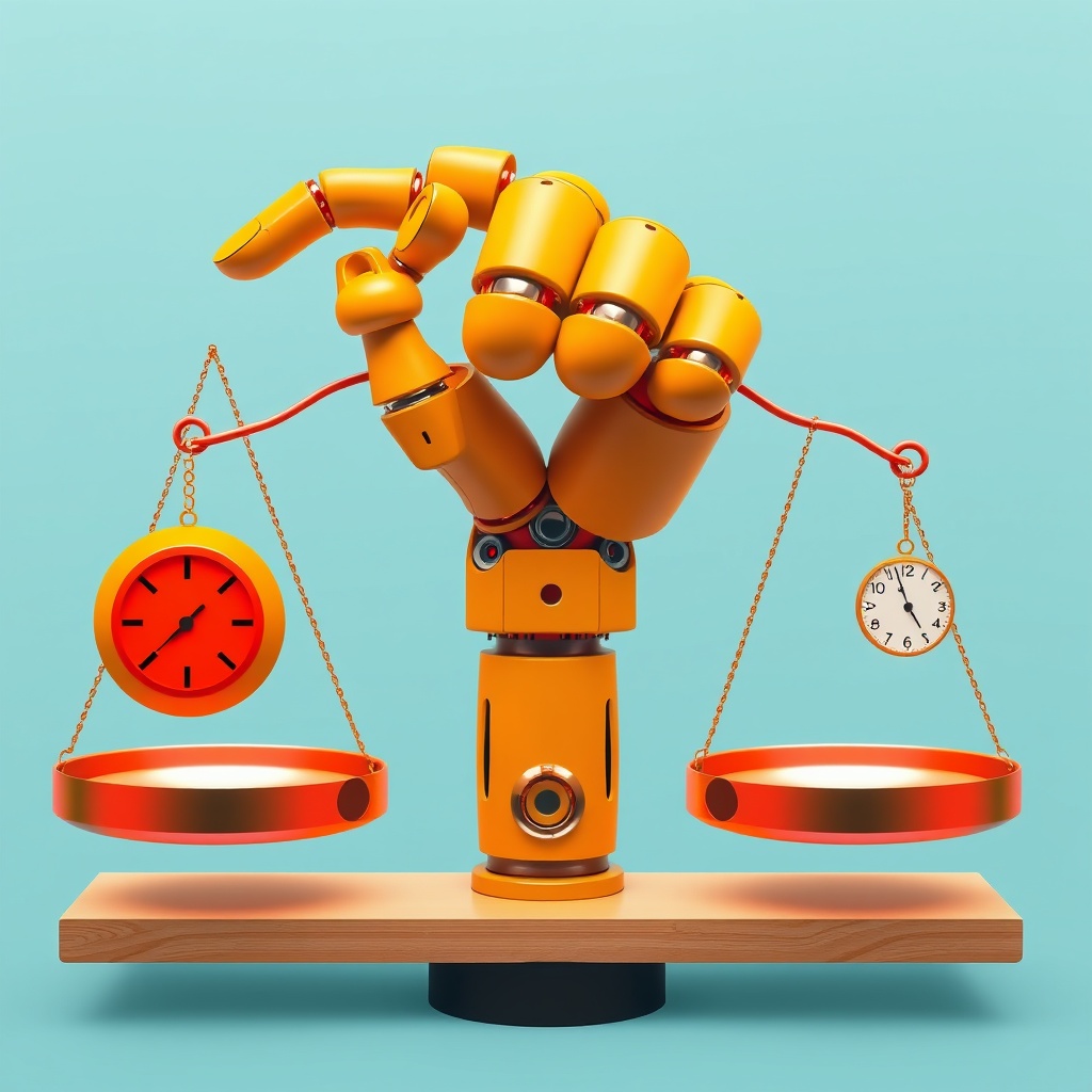 A conceptual image showing a robotic hand holding a scale unbalanced by biased weights, symbolizing bias and discrimination in AI systems.