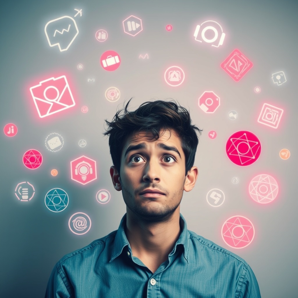 An image depicting a person looking confused while surrounded by floating digital icons and AI symbols, representing the loss of human skills and overreliance on AI.