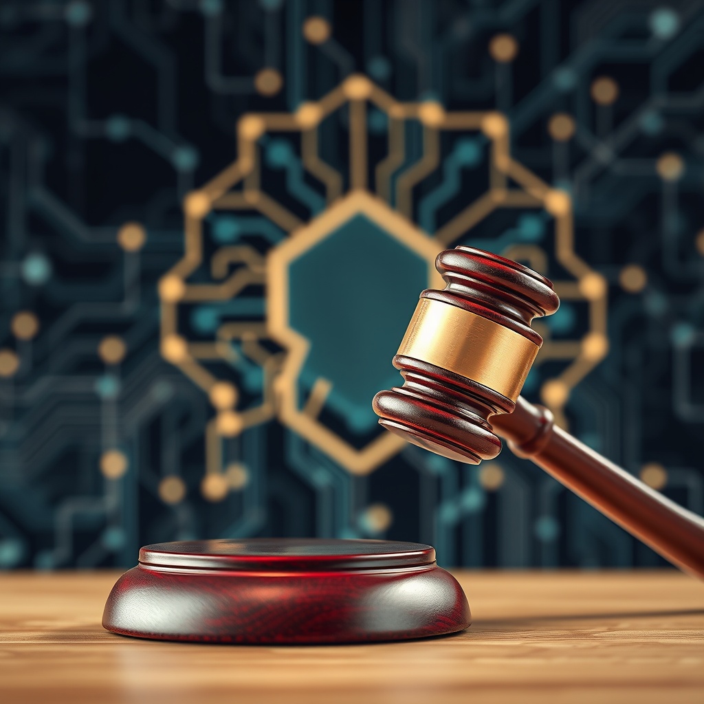 A dramatic image of a gavel and a digital AI network in the background, symbolizing the challenge of regulating AI and the need for legal frameworks.