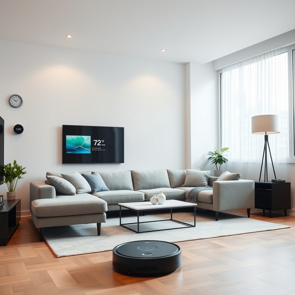 A modern living room with smart home devices like a smart thermostat, security camera, and robotic vacuum cleaner, showcasing AI in home automation.