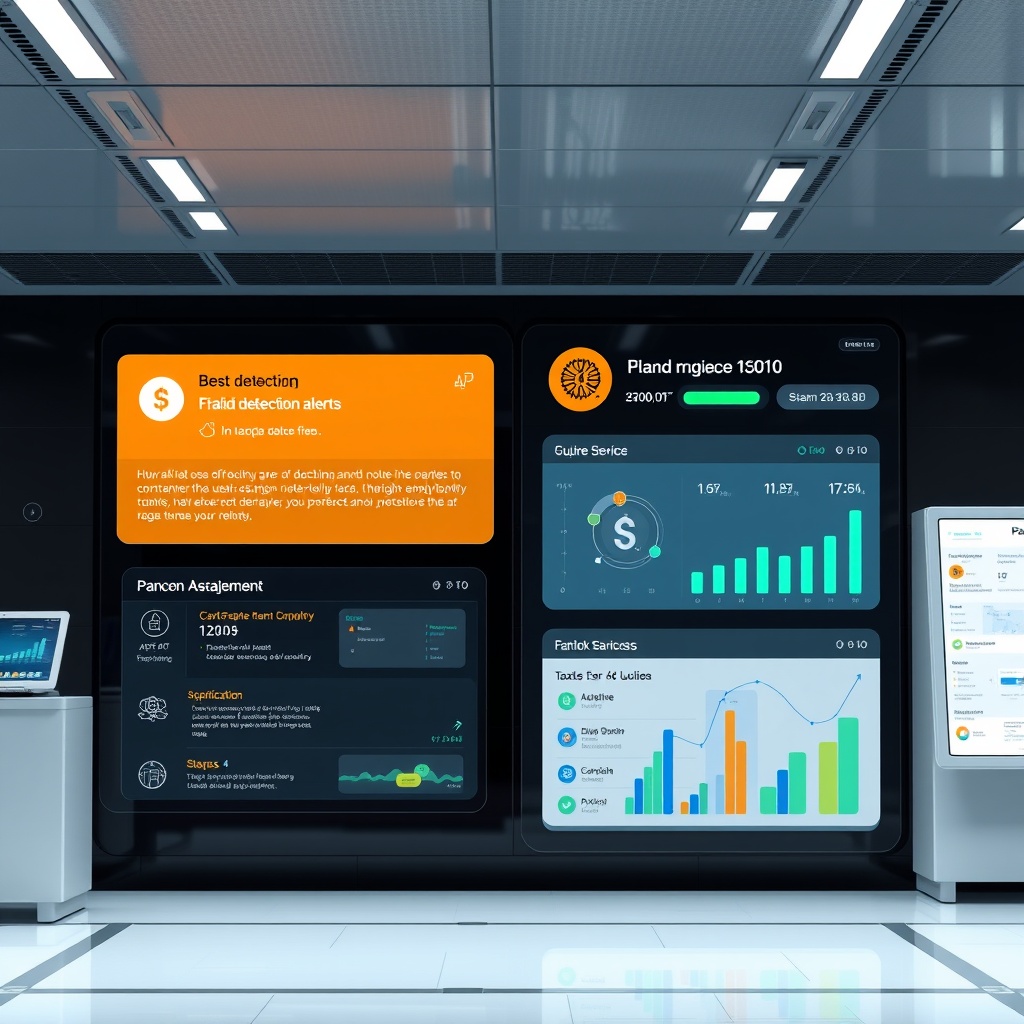 A futuristic banking scene with a digital interface displaying fraud detection alerts and personalized finance management tools, highlighting AI in financial services.