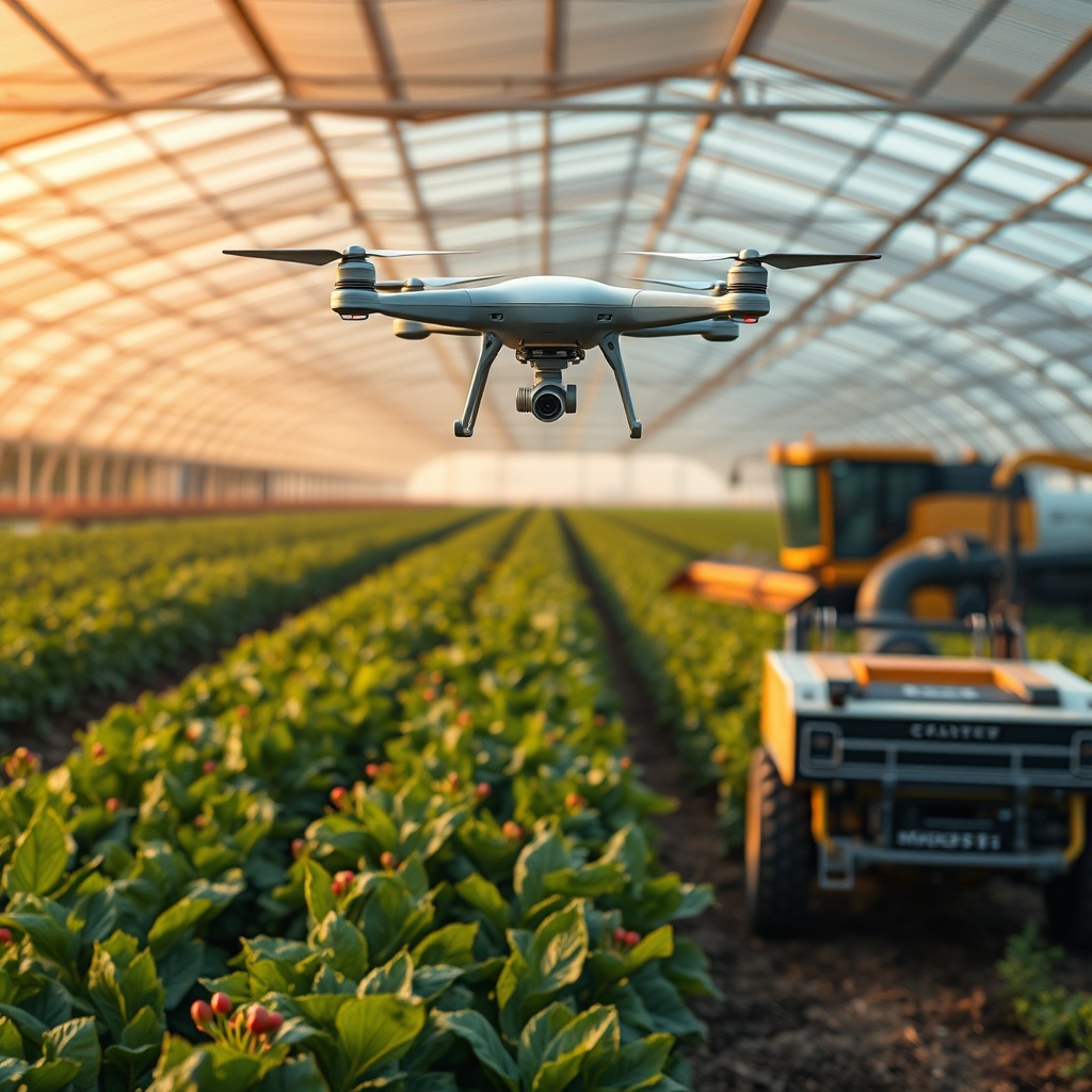 A high-tech farm with drones monitoring crops and automated machinery harvesting, illustrating AI's role in precision agriculture and food production.