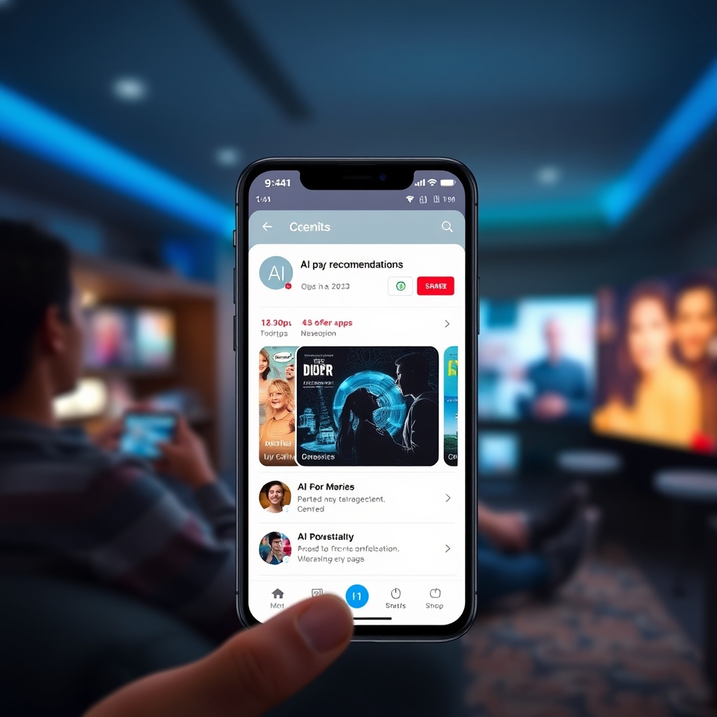 A modern smartphone displaying AI-powered app recommendations, with a blurred background of a person shopping online and watching a movie, symbolizing AI in everyday life.