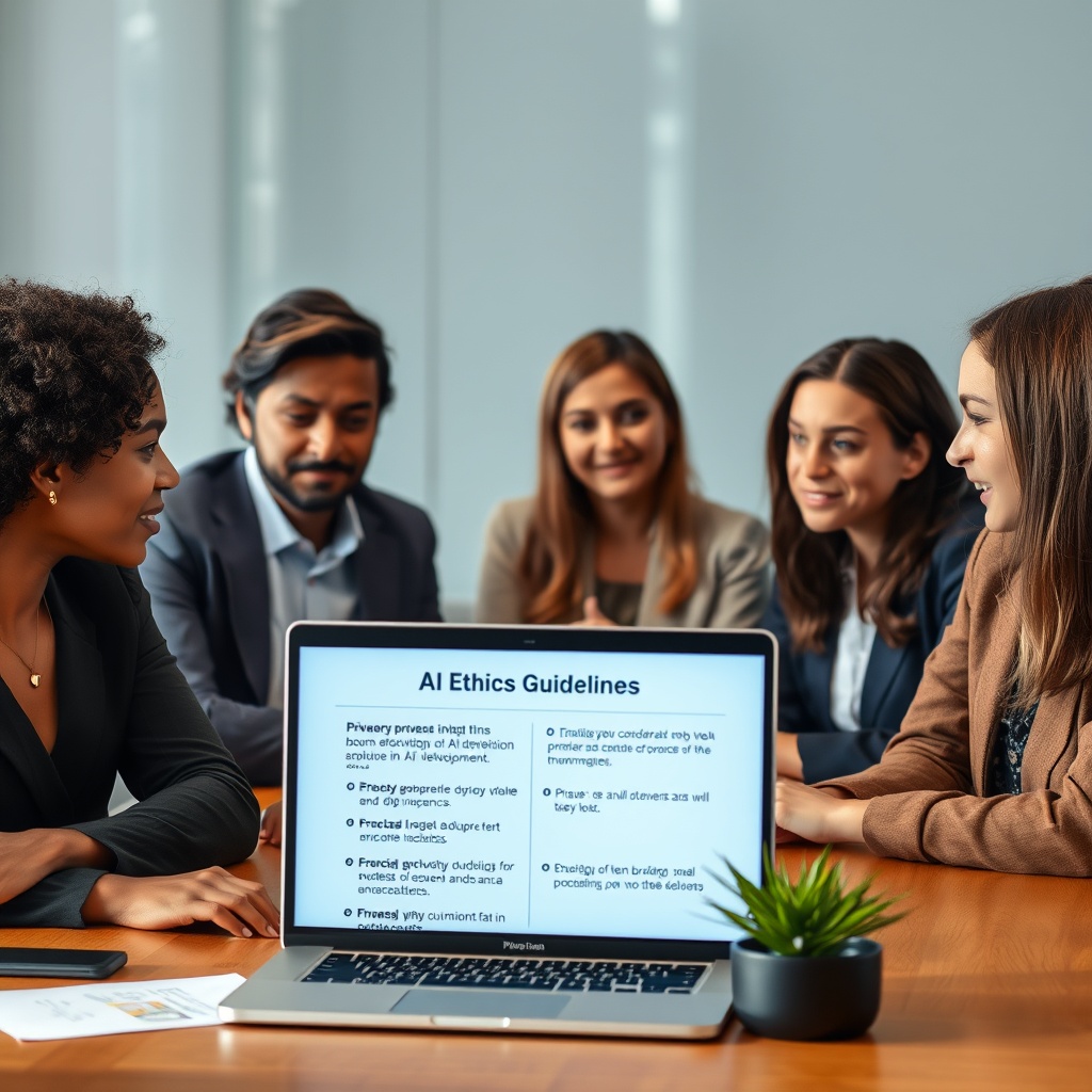 A diverse group of professionals discussing around a table with a laptop displaying AI ethics guidelines, highlighting privacy and bias considerations in AI development.