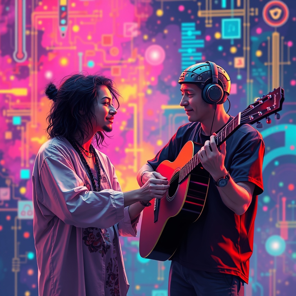 An artist and a musician collaborating with an AI interface, showcasing creative AI applications in art and music, with vibrant colors and digital elements in the background.