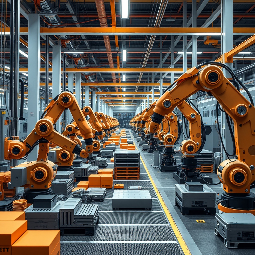 A futuristic manufacturing plant with robotic arms assembling products, showcasing AI automation in manufacturing.