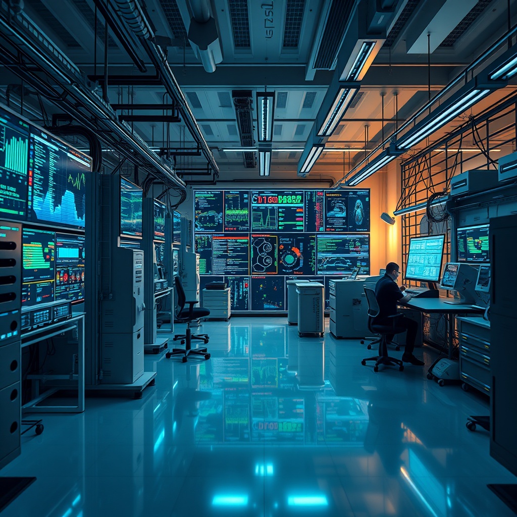 A high-tech laboratory with advanced AI systems analyzing complex data sets, representing deep learning and neural networks in automation.