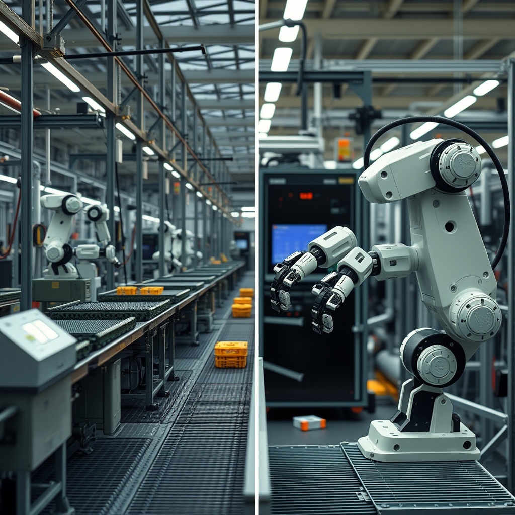 A side-by-side comparison of a traditional assembly line and an AI-driven robotic system, highlighting the differences and advantages of AI automation.