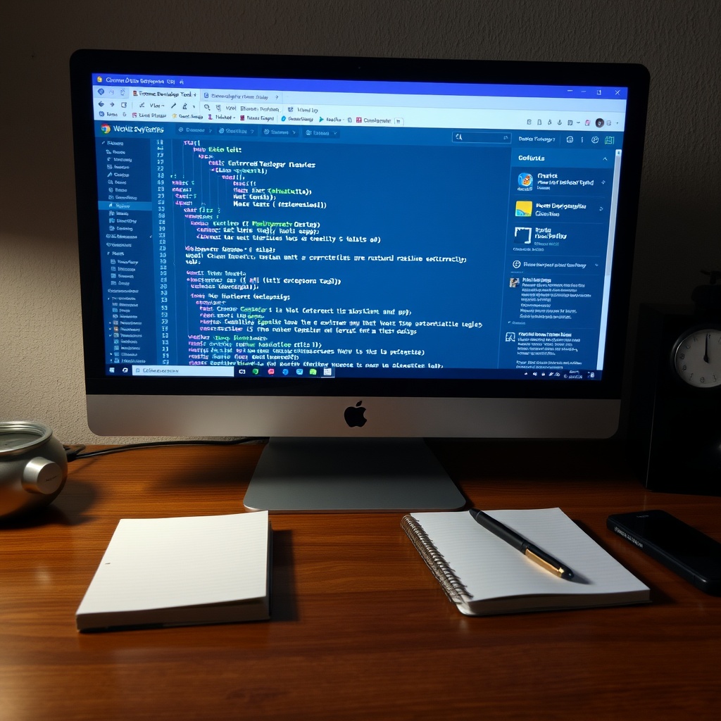 A professional workspace with a computer screen displaying Chrome Developer Tools open, highlighting the process of extracting website resources, with a notepad and pen nearby for notes.