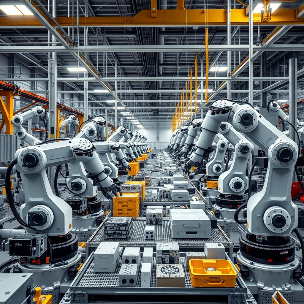 A high-tech manufacturing floor with robotic arms assembling products, showcasing programmable automation in action.