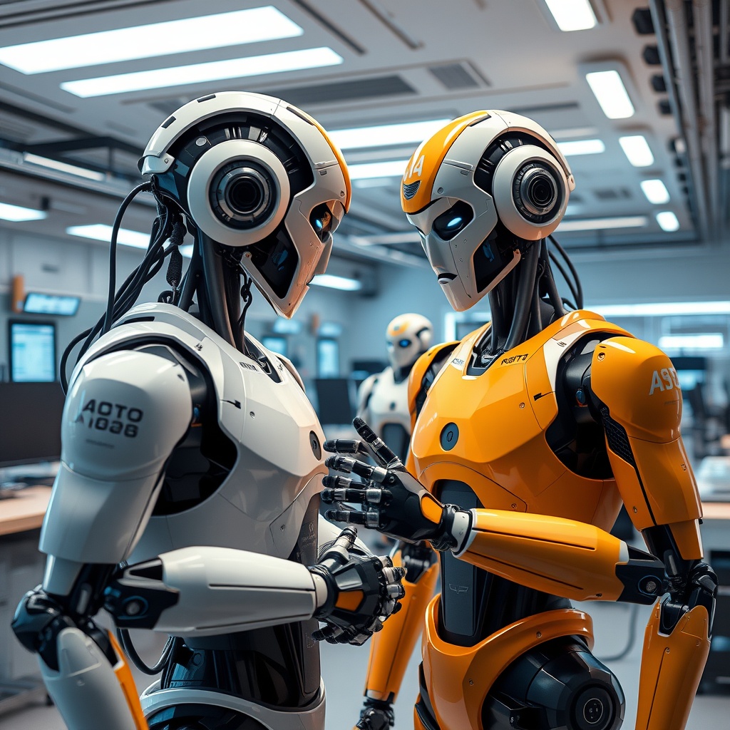 A futuristic robotics lab with advanced robots working alongside humans, highlighting the role of robotics in automation.