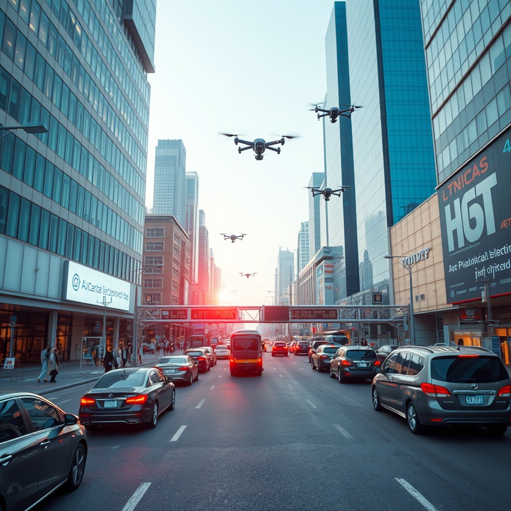 A smart city scene with automated traffic systems and drones, illustrating automation in everyday life.