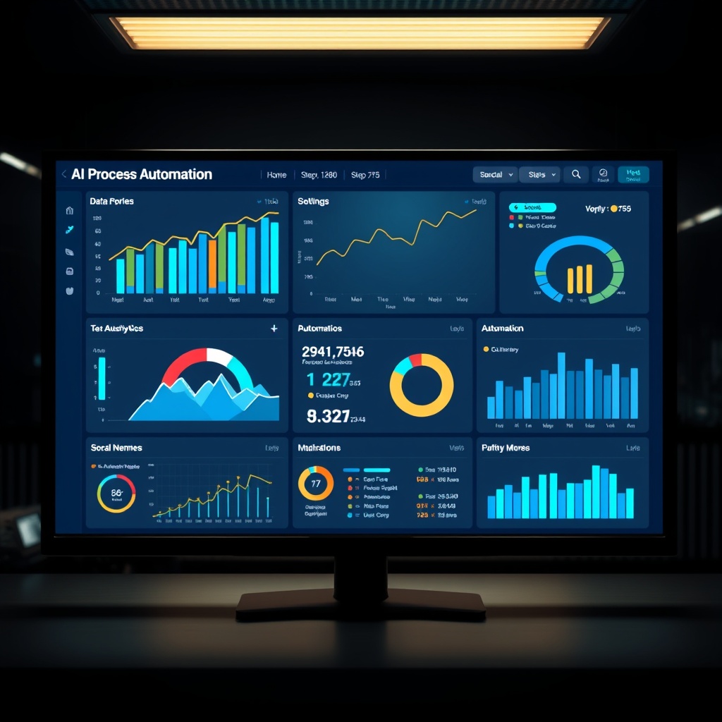 A high-tech dashboard displaying real-time data analytics and automation metrics, symbolising the key benefits of AI process automation in a modern business environment.