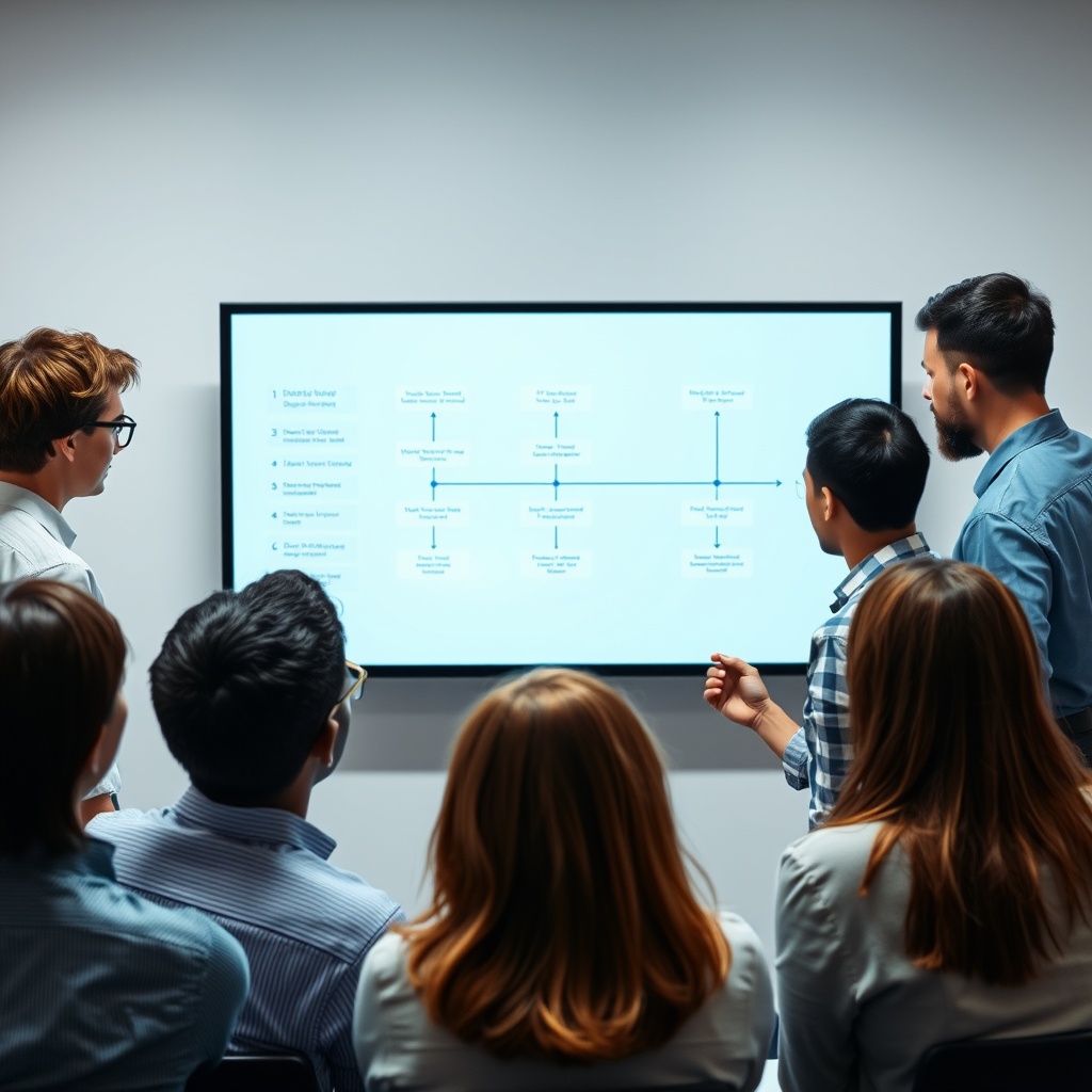 A diverse team of professionals collaboratively analyzing a workflow diagram on a digital screen, representing the step-by-step implementation of AI process automation.
