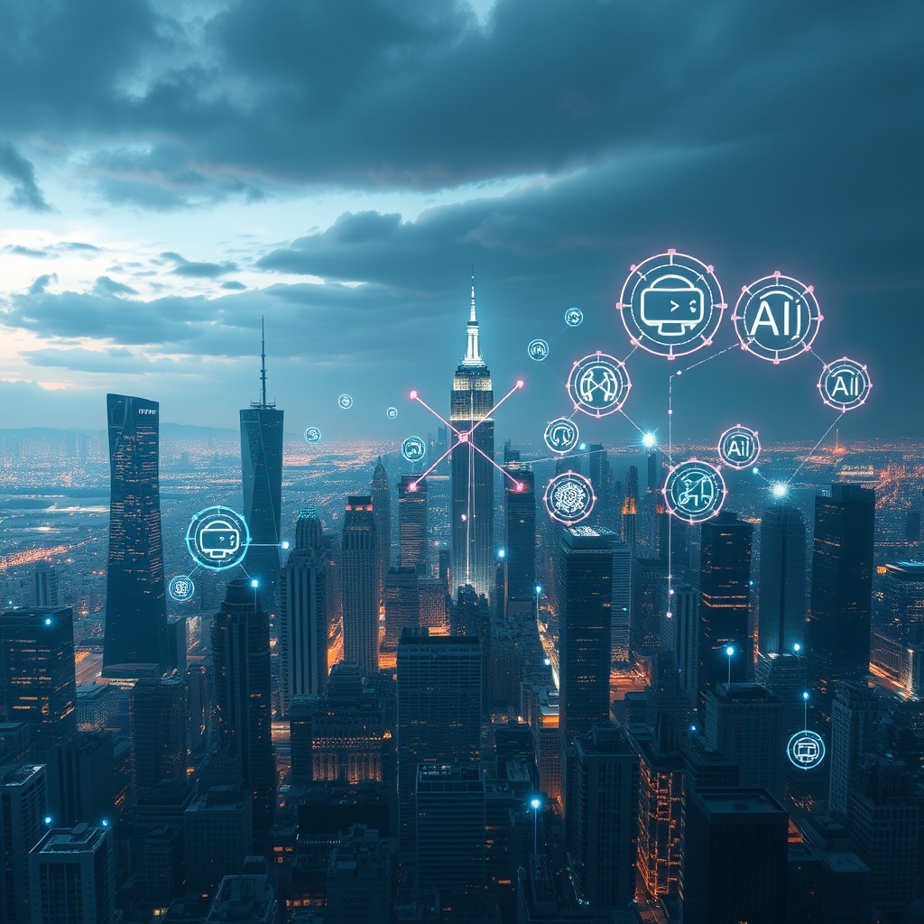 A futuristic cityscape with digital networks and AI icons overlaying the skyline, illustrating the emerging trends and future directions in AI process automation.