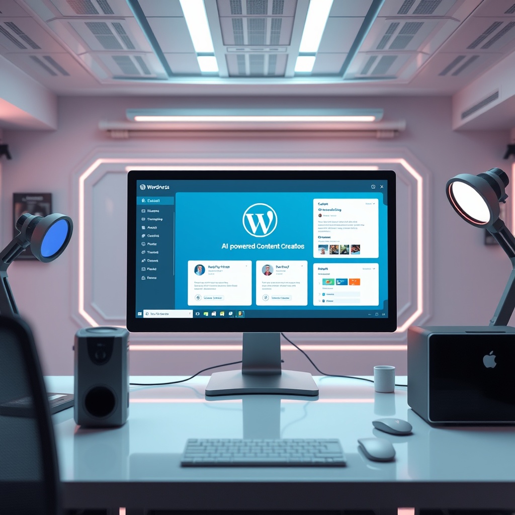 A futuristic workspace with a computer screen displaying AI-powered content creation tools for WordPress, highlighting automation and efficiency in digital content management.