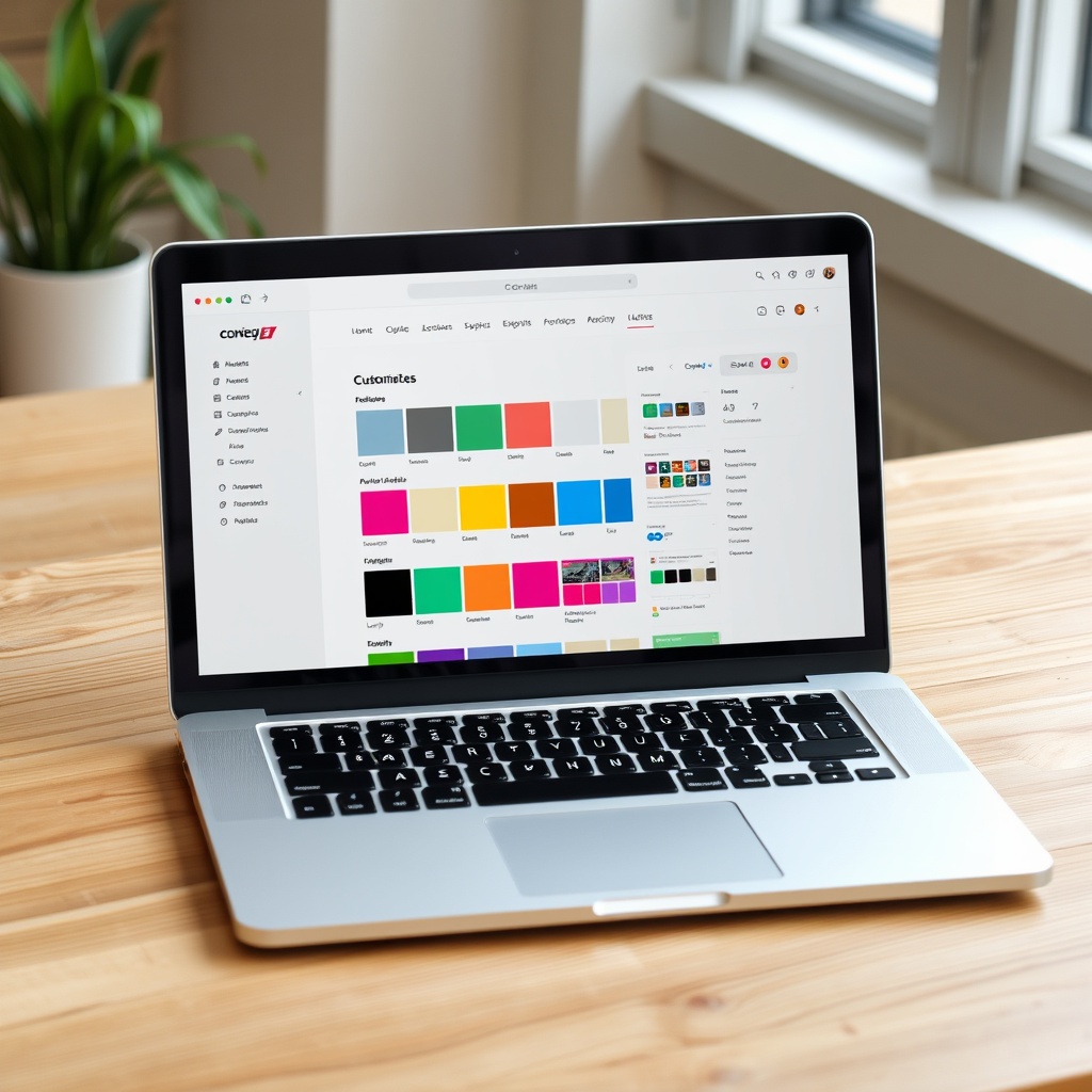 A sleek, modern laptop on a wooden desk showing a website customization interface with color palettes and layout options, symbolizing the transformation of a cloned website into a unique design.