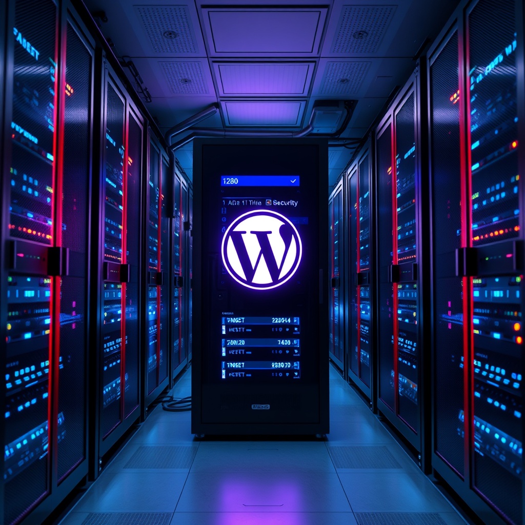 A secure, high-tech server room with glowing lights representing AI-driven security measures protecting a WordPress website from cyber threats.
