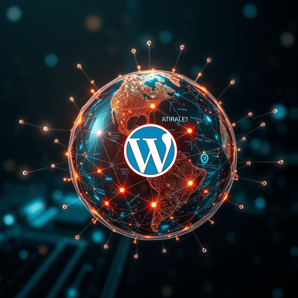 A visionary scene of a digital globe with interconnected nodes symbolizing the future trends of AI and WordPress integration in web development.
