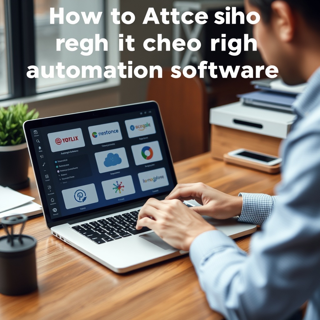 A professional workspace with a person analyzing different automation software options on a laptop, symbolizing the process of choosing the right automation software.