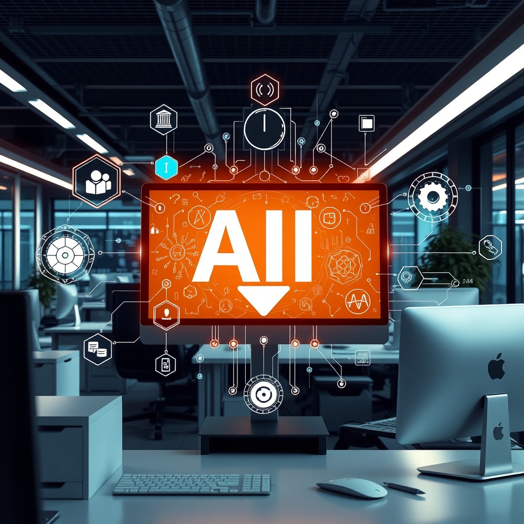 A futuristic office setting with AI and machine learning symbols overlaying a computer screen, representing advanced automation techniques for businesses.