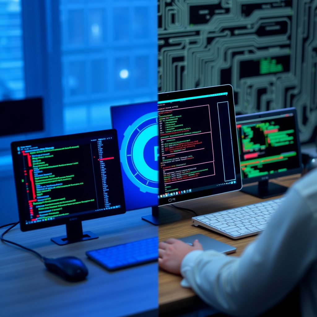 A split image showing open source software on one side and proprietary software on the other, highlighting the comparison between open source vs. proprietary automation software.