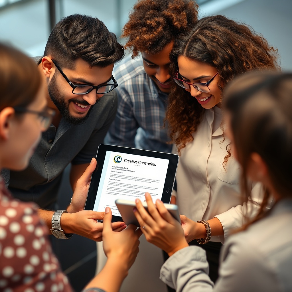 A professional stock photo depicting a diverse group of people collaboratively reviewing a Creative Commons license document on a digital tablet, symbolizing the exploration and understanding of Creative Commons and Public Domain content.