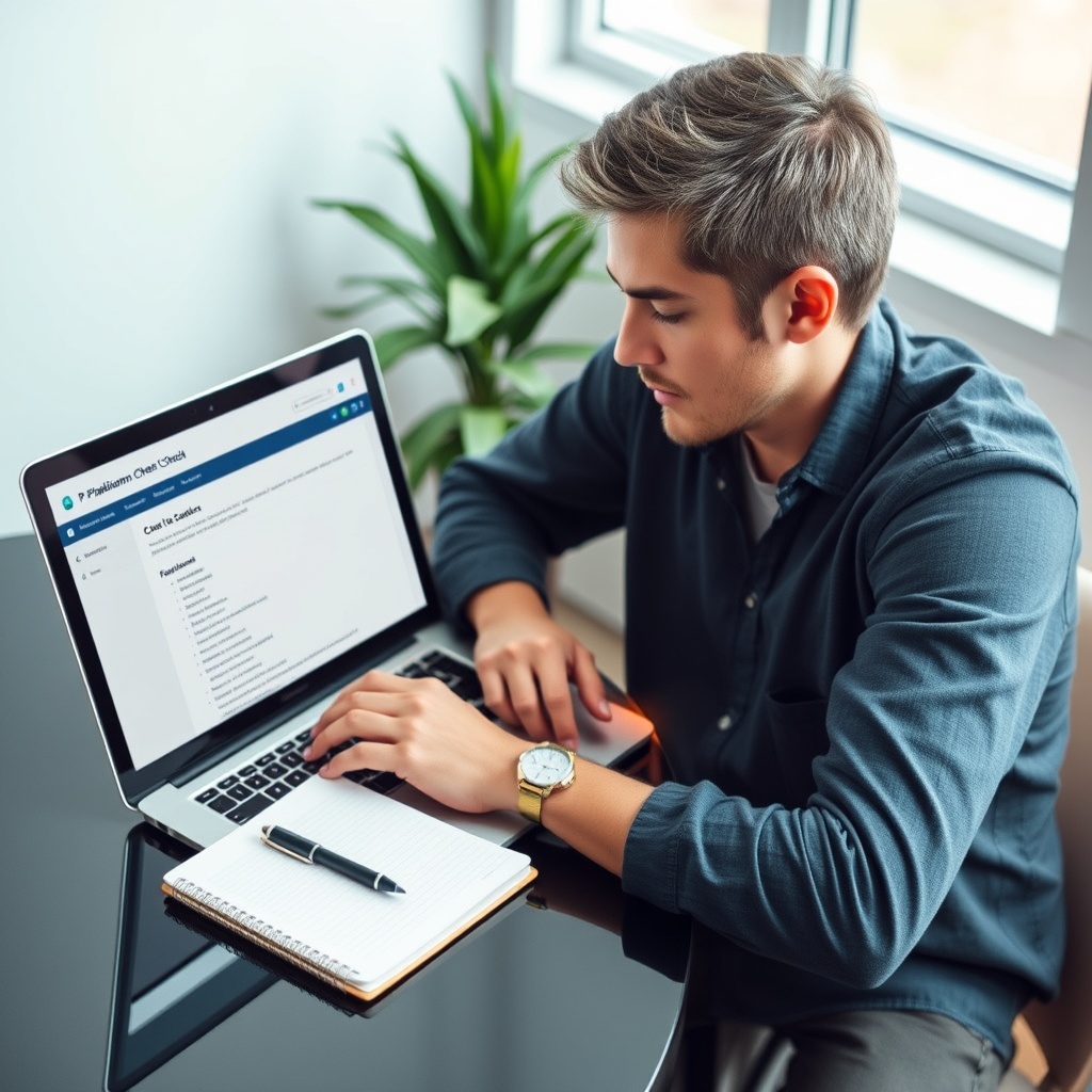 A high-quality stock image showing a focused individual using a plagiarism checker tool on a laptop, with a notebook and pen nearby, highlighting the importance of citing sources and avoiding plagiarism.