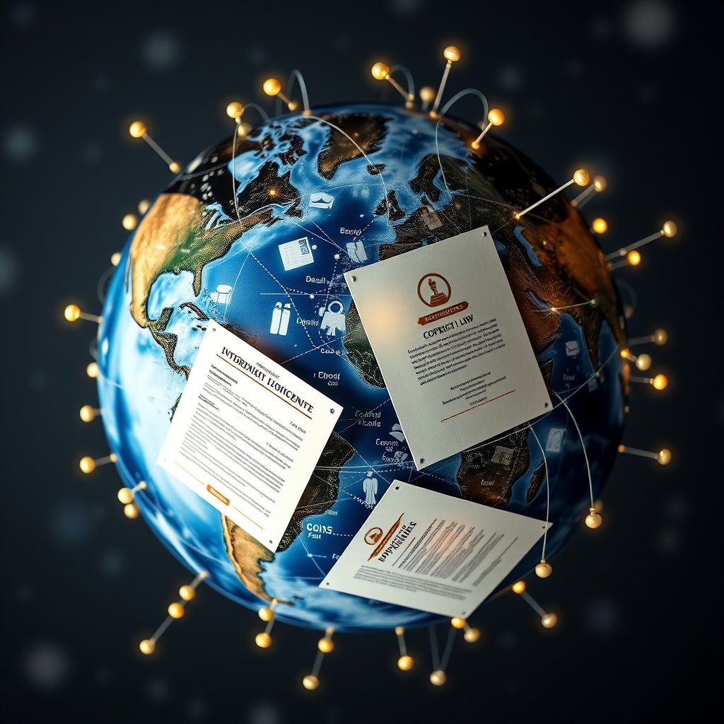 A professional stock photo illustrating a globe with digital connections and legal documents overlaying it, representing the complexities and considerations of international copyright laws and website content.