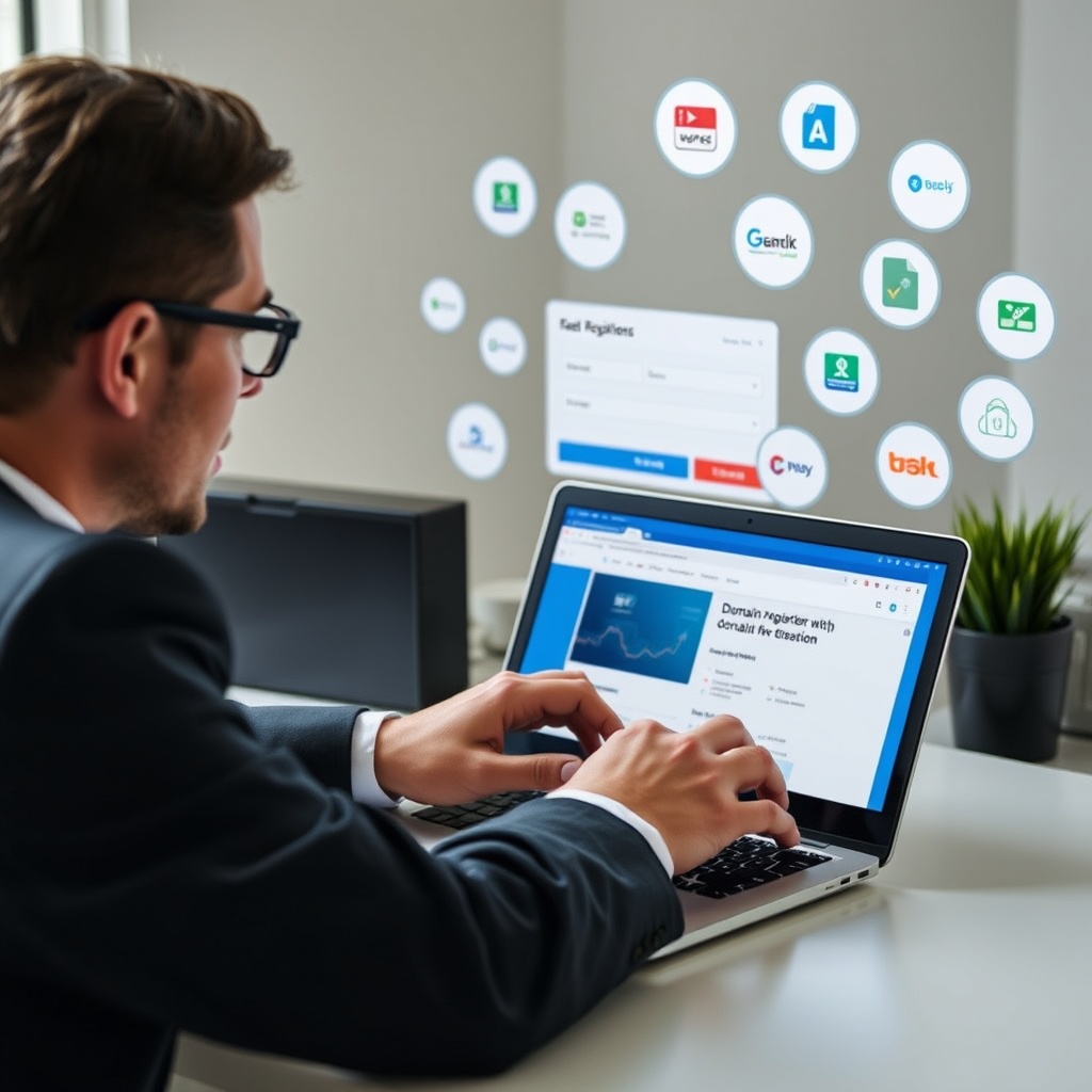 A professional looking person typing on a laptop with a domain registration website open on the screen, surrounded by icons of different domain extensions.