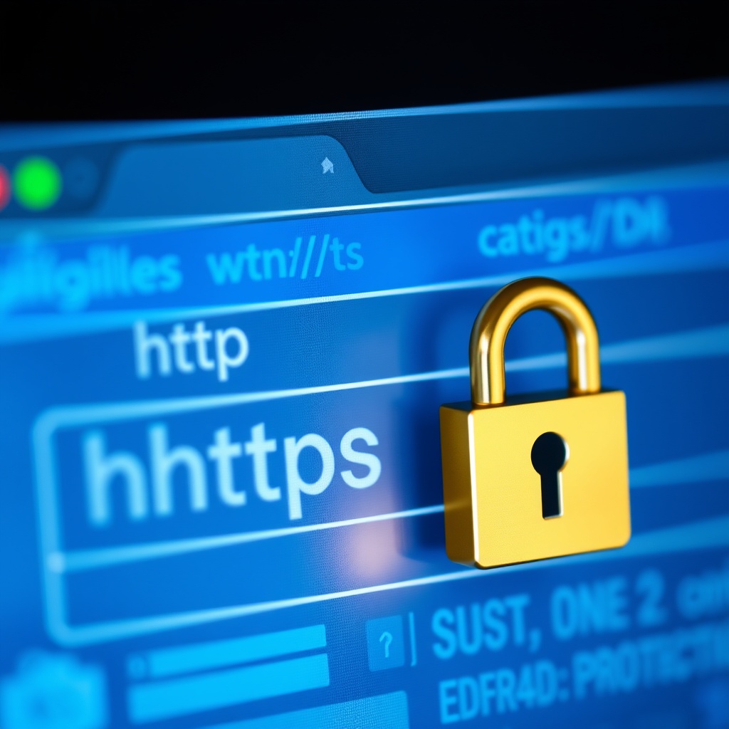A professional stock photo illustrating website security measures, such as a padlock icon and HTTPS in the browser address bar, symbolizing data protection.