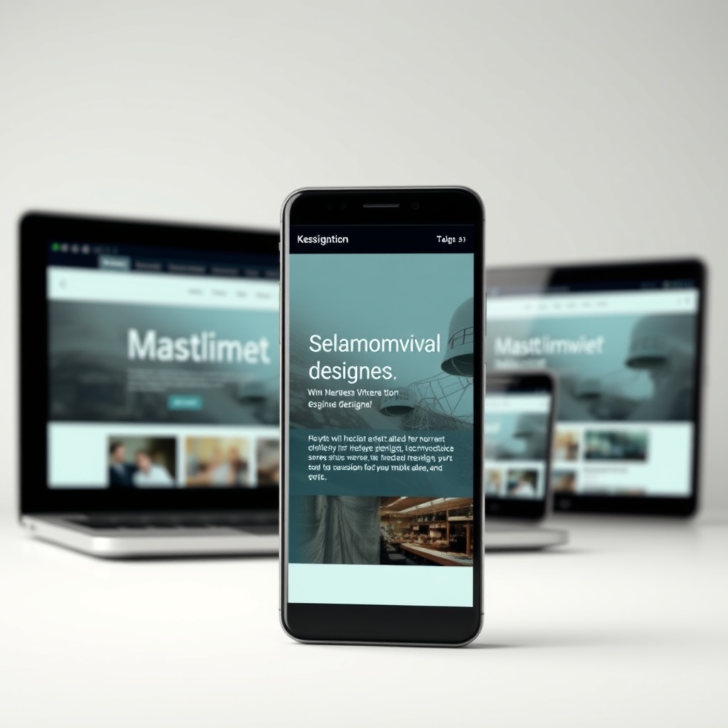 A sleek, modern smartphone displaying a beautifully designed website, with a laptop and tablet in the background showing the same site adapted perfectly to each screen size, symbolizing responsive design and mobile optimization.