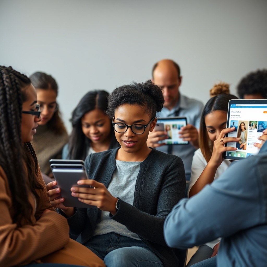 A diverse group of people, including one using a screen reader and another navigating with a keyboard, all engaging with a website on various devices, highlighting accessibility and inclusive design.